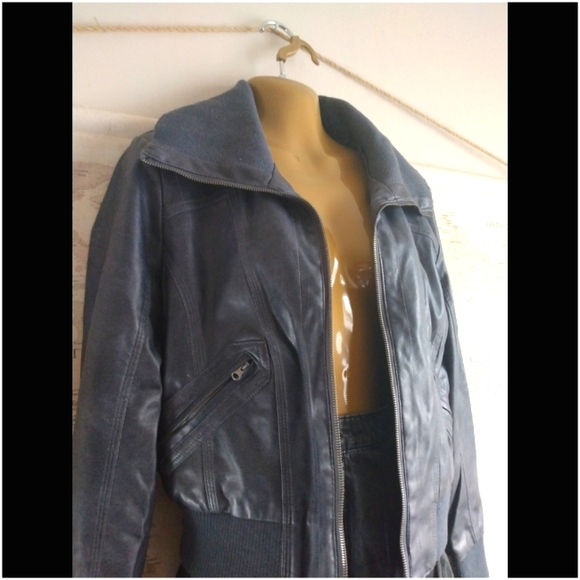 Vegan Leather Pilot Bomber Jacket in Navy-Size L - Picture 4 of 7